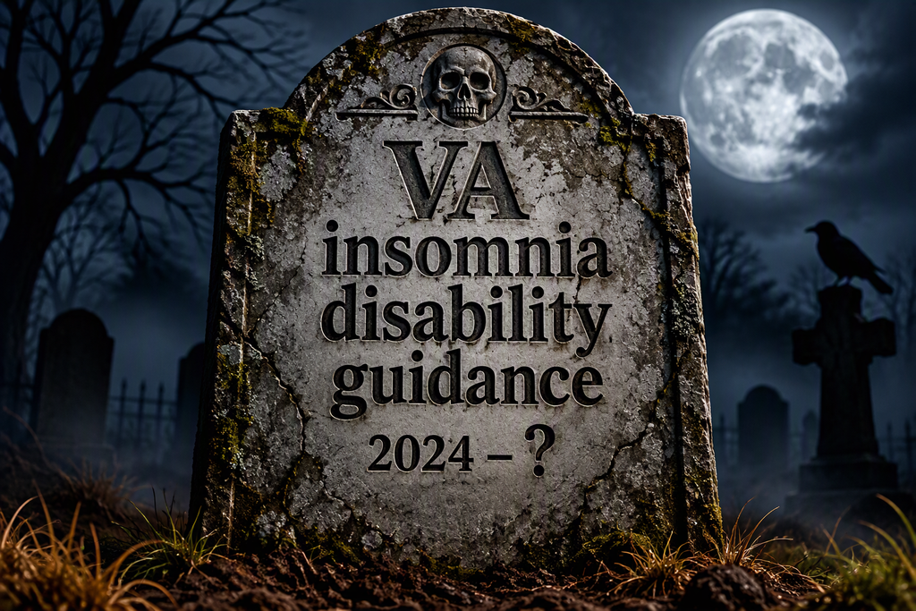 a gravestone with the words "VA insomnia disability guidance" and the year 2024 hyphen question mark